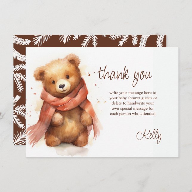 Cute Watercolor Baby Bear Baby Shower Thank You Card (Front/Back)