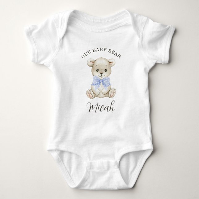 Cute Watercolor Baby Bear Blue Bow Bodysuit (Front)