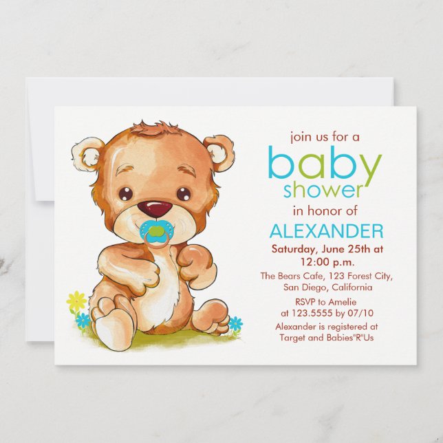Cute Watercolor Baby Bear Boy Baby Shower Invitation (Front)