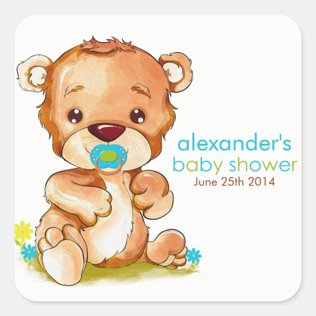 Cute Watercolor Baby Bear Boy Baby Shower Square Sticker (Front)