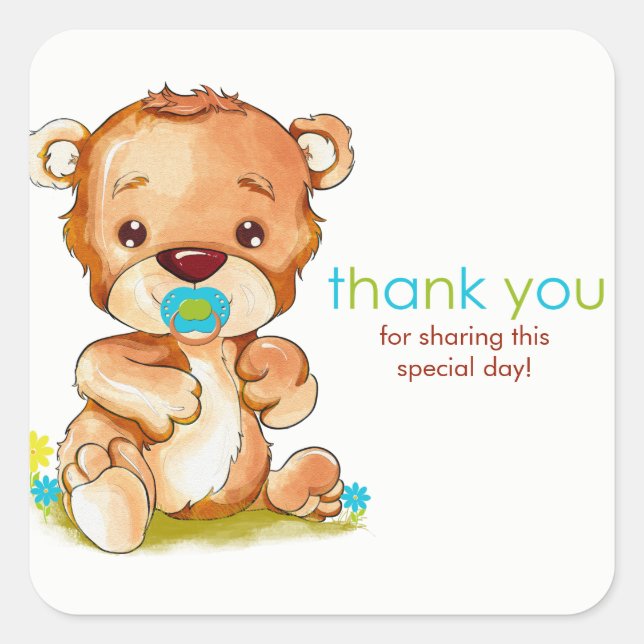 Cute Watercolor Baby Bear Boy Thank You Square Sticker (Front)