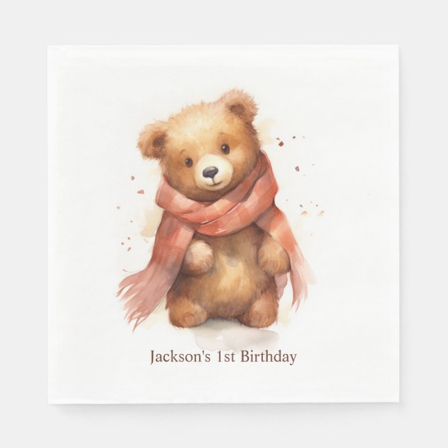 Cute Watercolor Baby Bear First Birthday Party Napkin (Front)
