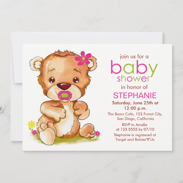 Cute Watercolor Baby Bear Girl Baby Shower Invitation (Front)