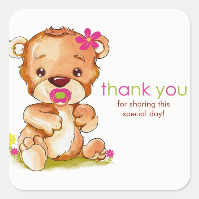 Cute Watercolor Baby Bear Girl Thank You Square Sticker (Front)