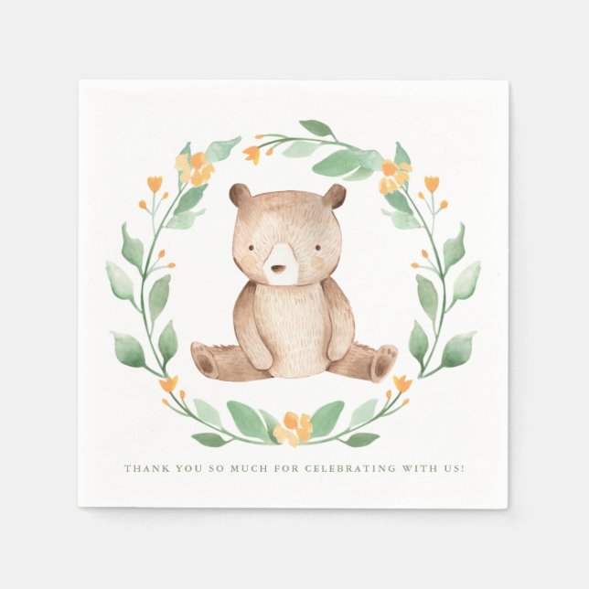 Cute Watercolor Baby Bear Woodland Baby Shower Napkin (Front)