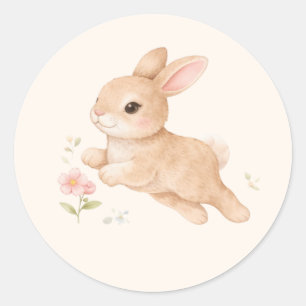 Cute Watercolor Baby Bunny Pink Flowers Classic Round Sticker