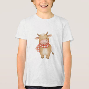 Cute Watercolor Baby Cow with Red Scarf  Tri-Blend Shirt