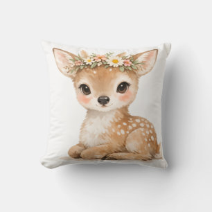 Cute Watercolor Baby Deer Woodland Flower Crown Cushion