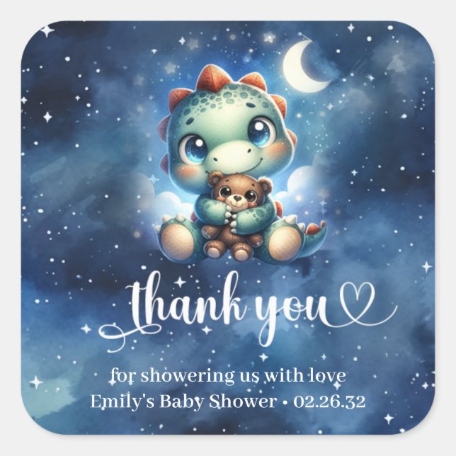 Cute watercolor baby dino and teddy bear baby square sticker (Front)