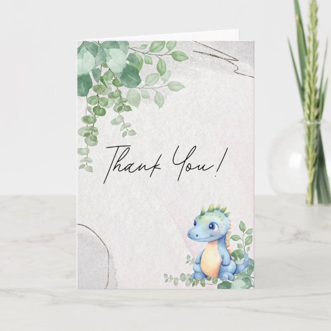 Cute Watercolor Baby Dinosaur 1st Birthday Thank You Card (Front)