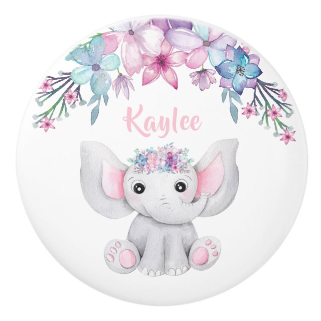 Cute Watercolor Baby Elephant For Girl Ceramic Knob (Front)