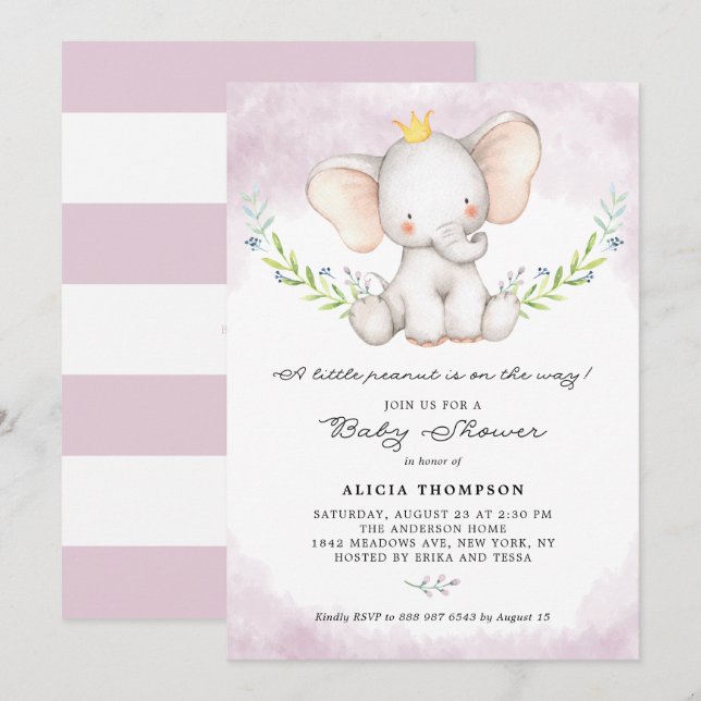 Cute Watercolor Baby Elephant Girl Baby Shower Invitation (Front/Back)