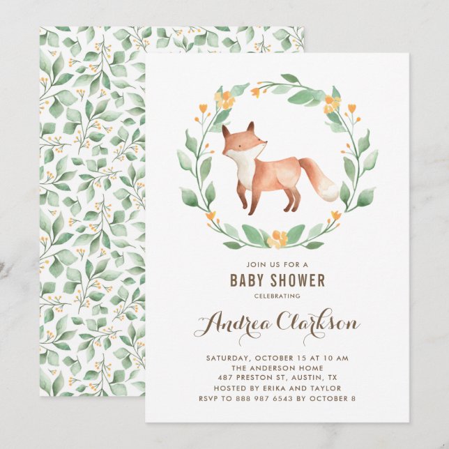 Cute Watercolor Baby Fox Woodland Baby Shower Invitation (Front/Back)