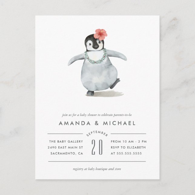 Cute Watercolor Baby Girl Penguin Baby Shower Invitation Postcard (Front)