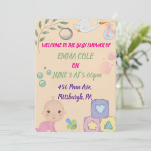 Cute Watercolor Baby Girl Shower Invitation