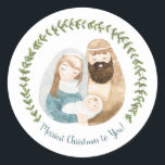 Cute Watercolor Baby Jesus Nativity Christmas Classic Round Sticker<br><div class="desc">These simple, stylish stickers feature a hand painted watercolor Nativity scene (Baby Jesus, Mary, and Joseph), along with a greenery wreath frame. The text reads "Merriest Christmas to You!" in an elegant, hand lettered font (text can be customised, if desired). Great for use as envelope seals, favour labels, gift tags,...</div>
