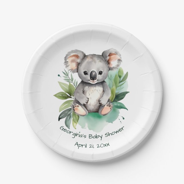 Cute Watercolor Baby Koala Baby Shower  Paper Plate (Front)