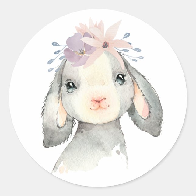 Cute Watercolor Baby Lamb with Flowers Classic Round Sticker (Front)