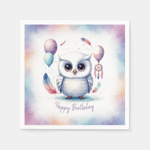 Cute Watercolor Baby Owl Balloons Birthday  Napkin