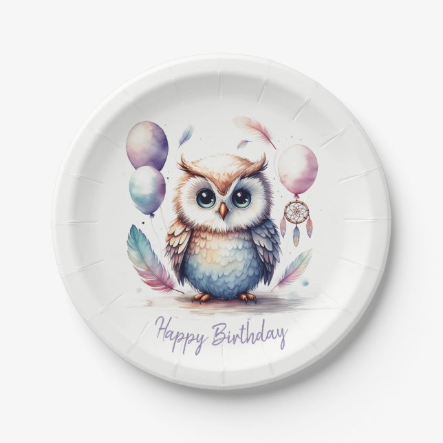 Cute Watercolor Baby Owl Balloons Birthday  Paper Plate (Front)