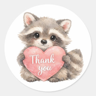 Cute Watercolor Baby Raccoon "Thank You" Heart Classic Round Sticker