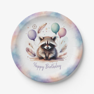 Cute Watercolor Baby Racoon Balloons Birthday  Paper Plate
