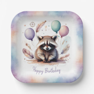Cute Watercolor Baby Racoon Balloons Birthday Paper Plate