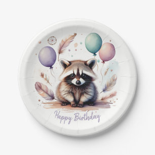 Cute Watercolor Baby Racoon Balloons Birthday  Paper Plate