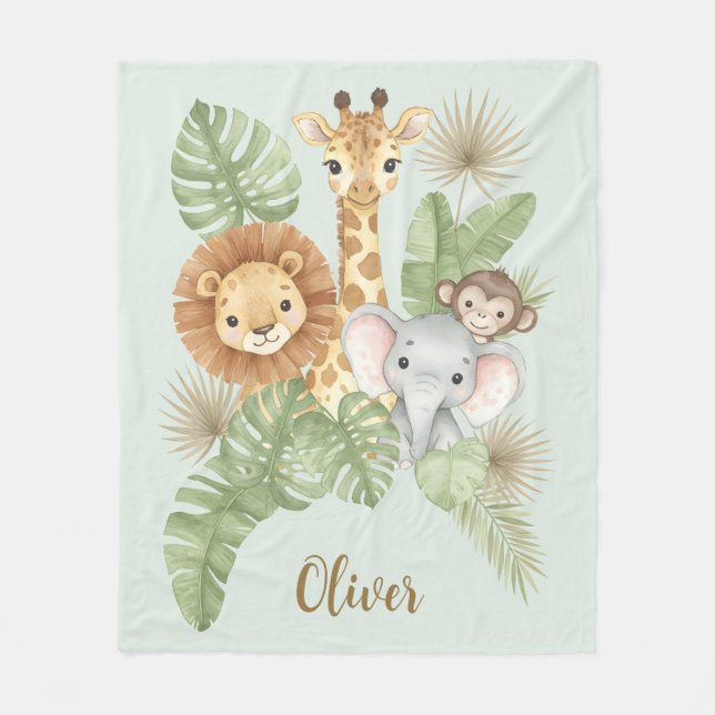 Cute Watercolor Baby Safari Animals Fleece Blanket (Front)