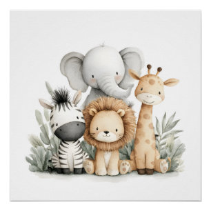 Cute Watercolor Baby Safari Animals Group Print