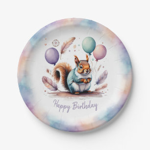 Cute Watercolor Baby Squirrel Balloons Birthday Paper Plate