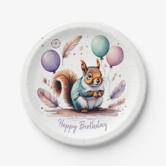 Cute Watercolor Baby Squirrel Balloons Birthday  Paper Plate (Front)