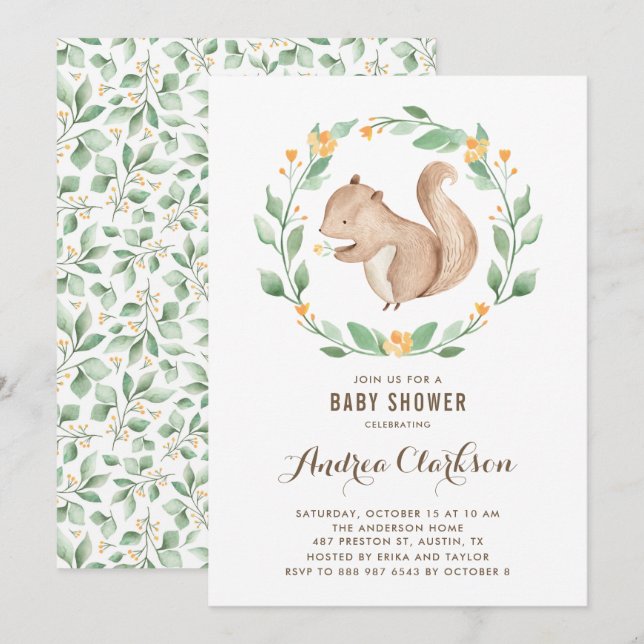 Cute Watercolor Baby Squirrel Woodland Baby Shower Invitation (Front/Back)