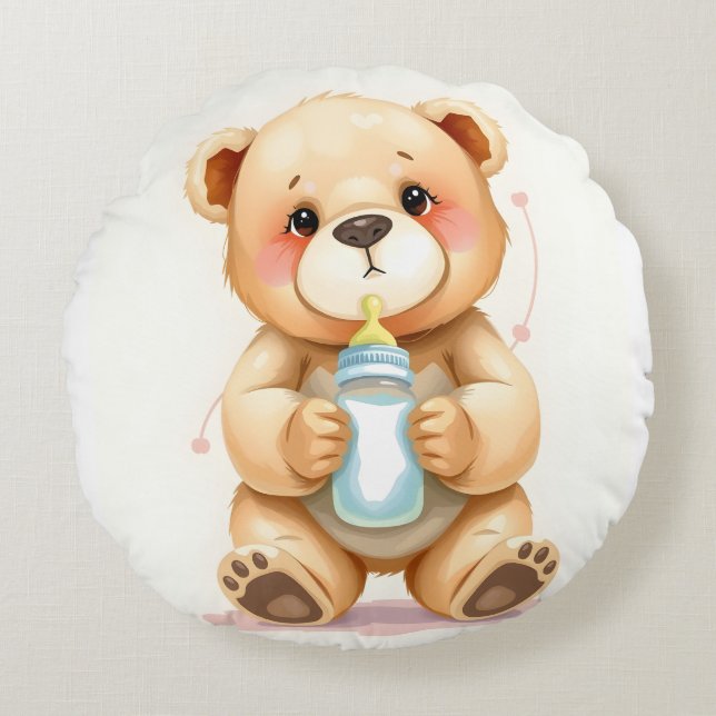 Cute Watercolor Baby Teddy Bear Illustration  Round Cushion (Front)