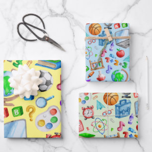 Cute Watercolor Back to School Supplies Colourful Wrapping Paper Sheet