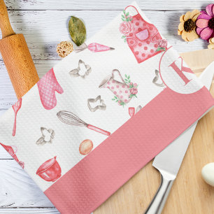Cute Watercolor Baking Pattern Pink Monogram Tea Towel