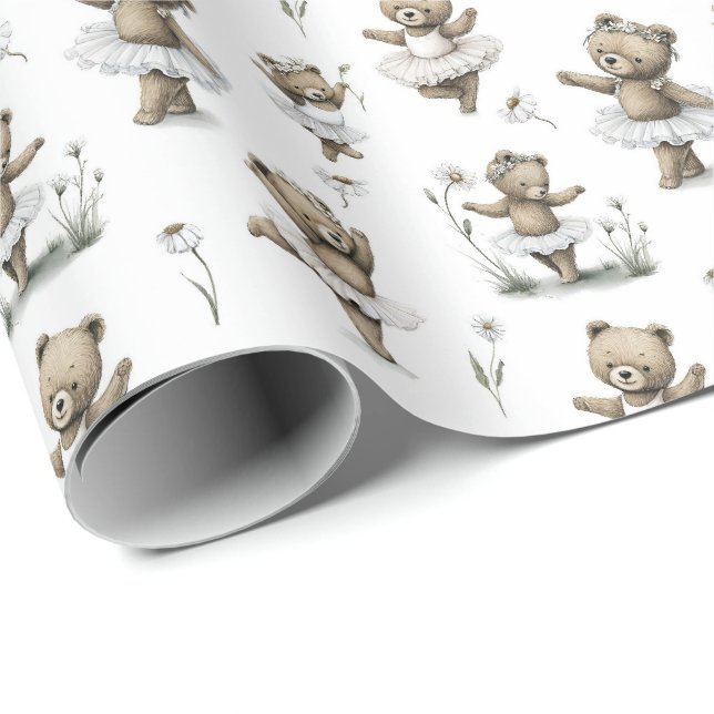 Cute Watercolor Ballerina Bear Design | Brown Danc Wrapping Paper (Roll Corner)