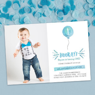 Cute Watercolor Balloon Left Photo First Birthday Invitation