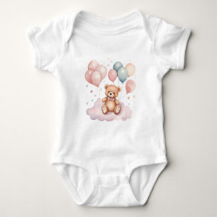 Cute Watercolor Balloons Teddy Bear on Cloud Baby Bodysuit