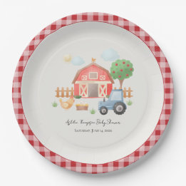 Cute Watercolor Barn Farm Animals Baby Shower Paper Plate