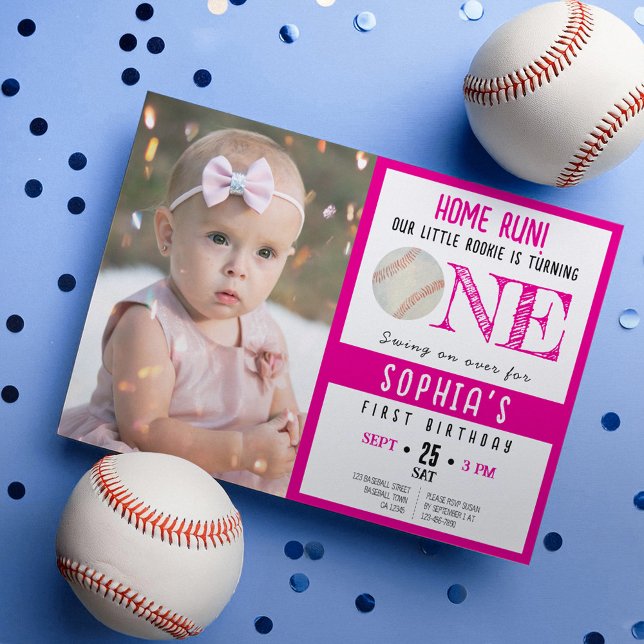 Cute Watercolor Baseball Photo Girl 1st Birthday Invitation (Creator Uploaded)