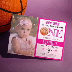 Cute Watercolor Basketball Photo Girl 1st Birthday Invitation
