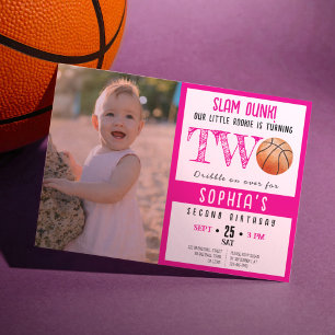Cute Watercolor Basketball Photo Girl 2nd Birthday Invitation