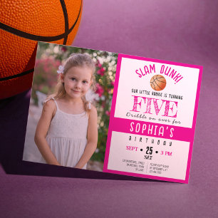 Cute Watercolor Basketball Photo Girl Birthday Invitation