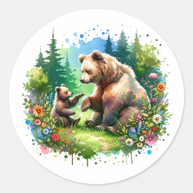Cute Watercolor Bear and Cub Classic Round Sticker (Front)