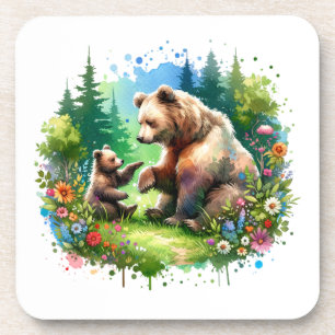 Cute Watercolor Bear and Cub Coaster