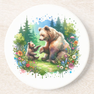 Cute Watercolor Bear and Cub Coaster