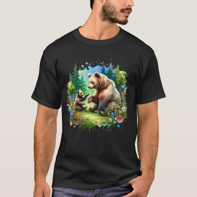 Cute Watercolor Bear and Cub T-Shirt (Front)