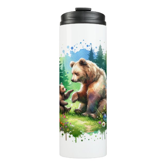 Cute Watercolor Bear and Cub Thermal Tumbler (Front)