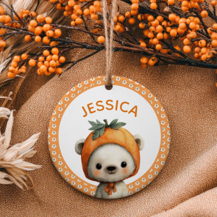 Cute Watercolor Bear Cub Daisy Pattern Baby Photo  Ceramic Tree Decoration